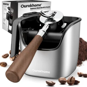 Ourokhome Espresso Knock Box with Lid, Compact Coffee Grounds Container for Home Coffee Bar, Removable Knock Bar, 304 Stainless Steel Exterior, Non-Slip Base & Handle, Easy Clean view 1