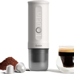 OutIn Nano Portable Electric Espresso Machine, Travel Coffee Maker for Camping, Car Coffee Maker Self-Heating with USB-C, With Ground Coffee & NS Capsule for RV, Hiking, Office