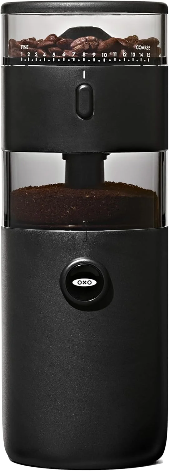 OXO Brew Compact Conical Burr Grinder on a modern kitchen counter