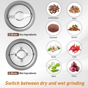 Secura Electric Coffee Grinder and Spice Grinder with 2 Stainless Steel Blades Removable Bowls view 3