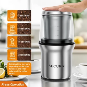 Secura Electric Coffee Grinder and Spice Grinder with 2 Stainless Steel Blades Removable Bowls view 4