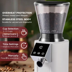 Tuni G1 Conical Burr Coffee Grinder, 48 Grind Settings Anti-static Burr Mill, Precision Electronic Timer and LED Touchscreen for Espresso/Drip/Cold Brew/French Press, Stainless Steel, Ivory view 2