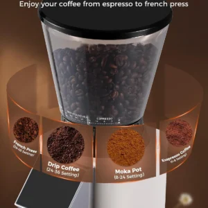 Tuni G1 Conical Burr Coffee Grinder, 48 Grind Settings Anti-static Burr Mill, Precision Electronic Timer and LED Touchscreen for Espresso/Drip/Cold Brew/French Press, Stainless Steel, Ivory view 3