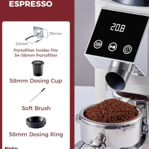 Tuni G1 Conical Burr Coffee Grinder, 48 Grind Settings Anti-static Burr Mill, Precision Electronic Timer and LED Touchscreen for Espresso/Drip/Cold Brew/French Press, Stainless Steel, Ivory view 6