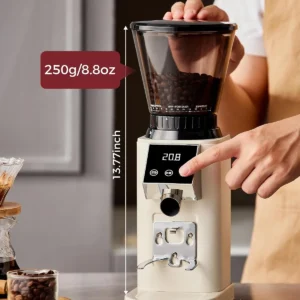 Tuni G1 Conical Burr Coffee Grinder, 48 Grind Settings Anti-static Burr Mill, Precision Electronic Timer and LED Touchscreen for Espresso/Drip/Cold Brew/French Press, Stainless Steel, Ivory view 7