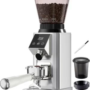 Tuni G1 Conical Burr Coffee Grinder, 48 Grind Settings Anti-static Burr Mill, Precision Electronic Timer and LED Touchscreen for Espresso/Drip/Cold Brew/French Press, Stainless Steel, Silver view 1