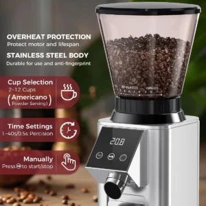 Tuni G1 Conical Burr Coffee Grinder, 48 Grind Settings Anti-static Burr Mill, Precision Electronic Timer and LED Touchscreen for Espresso/Drip/Cold Brew/French Press, Stainless Steel, Silver view 2