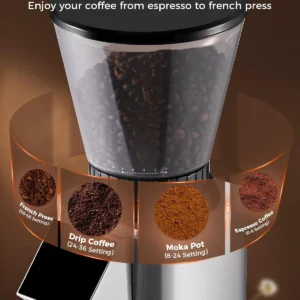 Tuni G1 Conical Burr Coffee Grinder, 48 Grind Settings Anti-static Burr Mill, Precision Electronic Timer and LED Touchscreen for Espresso/Drip/Cold Brew/French Press, Stainless Steel, Silver view 3