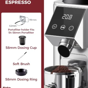 Tuni G1 Conical Burr Coffee Grinder, 48 Grind Settings Anti-static Burr Mill, Precision Electronic Timer and LED Touchscreen for Espresso/Drip/Cold Brew/French Press, Stainless Steel, Silver view 6