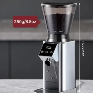 Tuni G1 Conical Burr Coffee Grinder, 48 Grind Settings Anti-static Burr Mill, Precision Electronic Timer and LED Touchscreen for Espresso/Drip/Cold Brew/French Press, Stainless Steel, Silver view 7