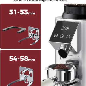 Tuni G1 Conical Burr Coffee Grinder, 48 Grind Settings Anti-static Burr Mill, Precision Electronic Timer and LED Touchscreen for Espresso/Drip/Cold Brew/French Press, Stainless Steel, Silver
