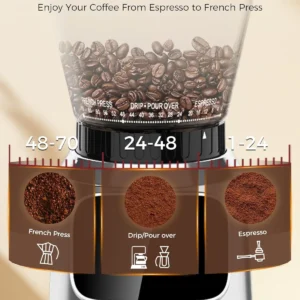 Tuni G2 Conical Burr Coffee Grinder, 70 Grind Settings Anti-static Burr Mill, Precision Electronic Timer and LED Touchscreen for Espresso/Drip/Cold Brew/French Press, Stainless Steel view 2