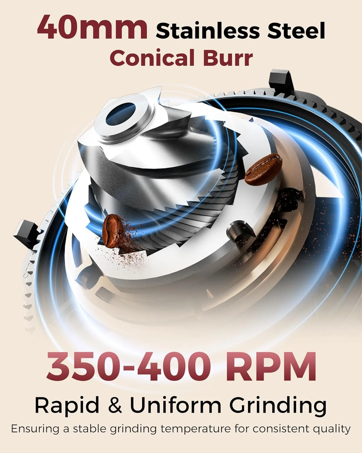 Internal 40mm conical burrs of the Tuni G2