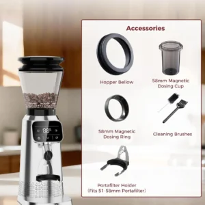 Tuni G2 Conical Burr Coffee Grinder, 70 Grind Settings Anti-static Burr Mill, Precision Electronic Timer and LED Touchscreen for Espresso/Drip/Cold Brew/French Press, Stainless Steel view 7
