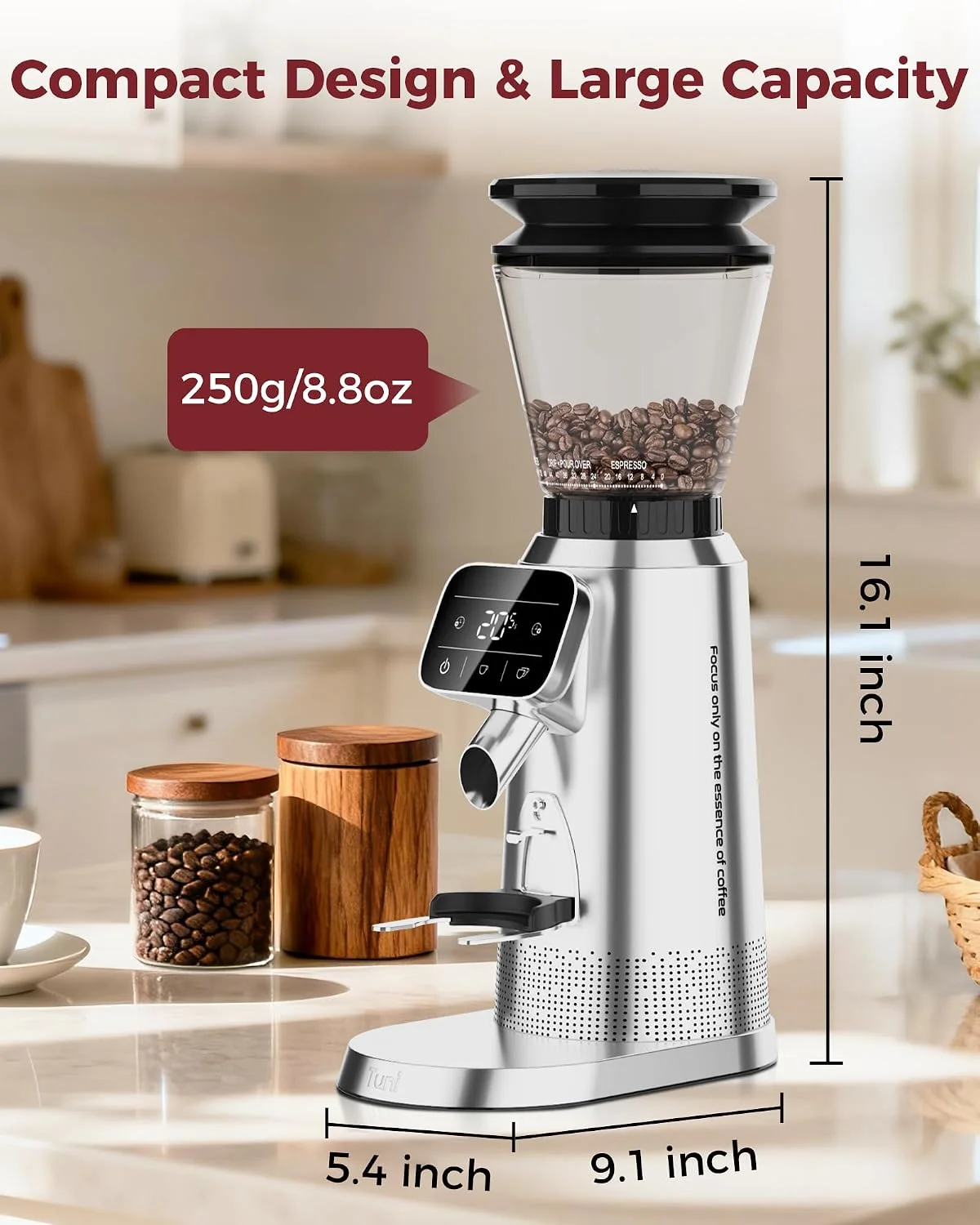 Tuni G2 Conical Burr Coffee Grinder, 70 Grind Settings Anti-static Burr Mill, Precision Electronic Timer and LED Touchscreen for Espresso/Drip/Cold Brew/French Press, Stainless Steel