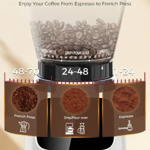Tuni G2 Conical Burr Coffee Grinder, 70 Grind Settings Anti-static Burr Mill, Precision Electronic Timer and LED Touchscreen for Espresso/Drip/Cold Brew/French Press, Stainless Steel, Ivory view 2