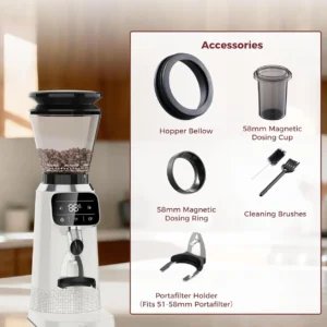Tuni G2 Conical Burr Coffee Grinder, 70 Grind Settings Anti-static Burr Mill, Precision Electronic Timer and LED Touchscreen for Espresso/Drip/Cold Brew/French Press, Stainless Steel, Ivory view 6