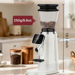 Tuni G2 Conical Burr Coffee Grinder, 70 Grind Settings Anti-static Burr Mill, Precision Electronic Timer and LED Touchscreen for Espresso/Drip/Cold Brew/French Press, Stainless Steel, Ivory view 7