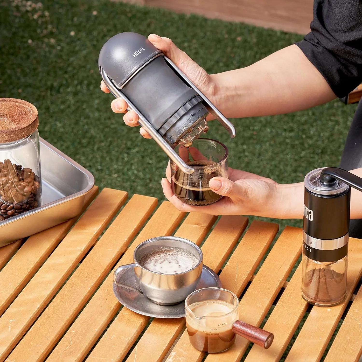 V4 portable espresso maker in backpack