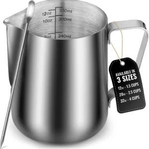 Zulay Milk Frother Cup 350ml/600ml/950ml (12oz/20oz/32oz) - Stainless Steel Frothing Pitcher With Laser-Welded Handle & Precise Measurement Markings - Black - 12oz